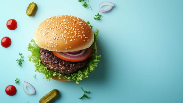 A delicious hamburger topped with lettuce, onions, and pickles is surrounded by ketchup and mustard on a light blue background.