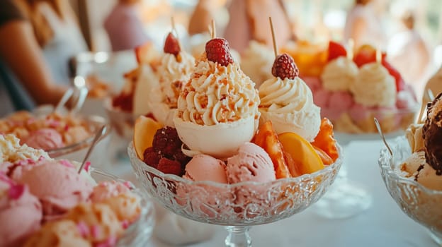 A variety of ice cream sundaes topped with whipped cream, fruits, and nuts are displayed at a cheerful summer event.