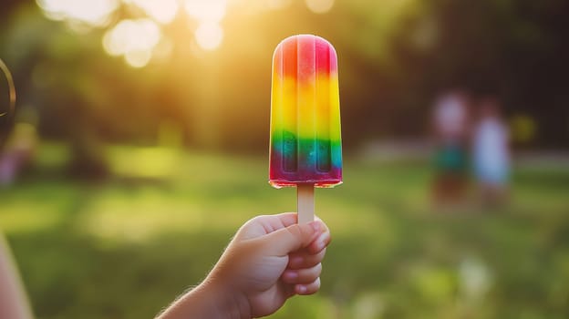 A hand holds a vibrant rainbow popsicle while friends enjoy their time in a sunlit park.