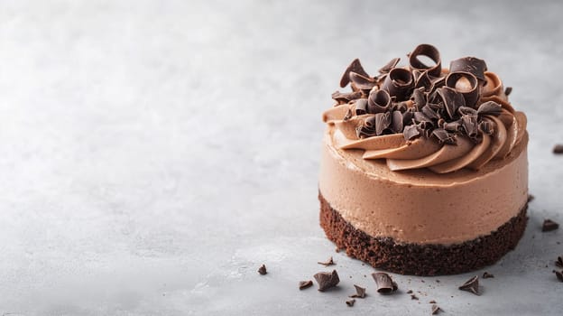 A rich chocolate mousse cake features a smooth, creamy texture topped with elegant chocolate curls, resting on a dark crust, perfect for dessert lovers.