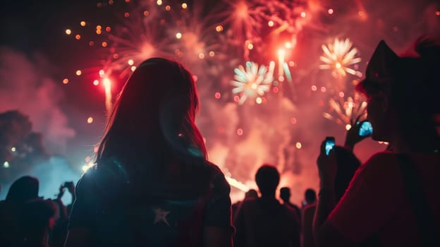 Crowds gather in excitement, watching a vibrant fireworks display light up the night sky. Colorful bursts explode overhead, reflecting joy and celebration among the spectators, who capture the moment on their phones.