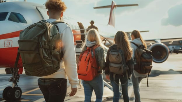 A group of four young adults approaches an aircraft at the airport, carrying backpacks. The bright sun highlights their cheerful expressions as they prepare for their journey. This moment captures the excitement of travel and adventure.