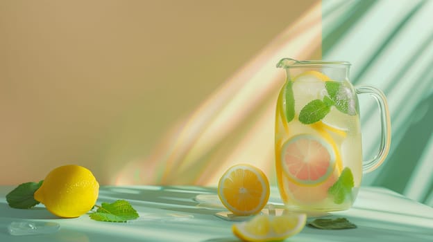 A vibrant glass pitcher filled with refreshing lemonade showcases slices of lemon and fresh mint leaves. Nearby, whole lemons and mint sprigs rest on a pastel-colored surface, illuminated by soft natural light, creating a cheerful ambiance.