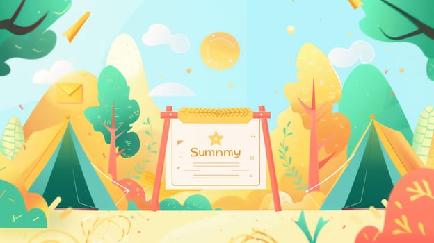 A cheerful outdoor gathering showcases colorful tents surrounded by lush trees and vibrant mountains under a bright sun. The atmosphere is filled with energy and joy, perfect for summer activities and social interactions.