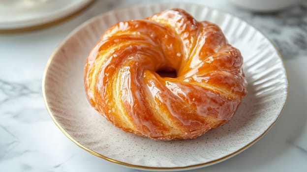 A beautifully crafted, freshly glazed pastry sits on an elegant plate. The delicate layers shine under soft café lighting, inviting a closer look and tempting taste buds.