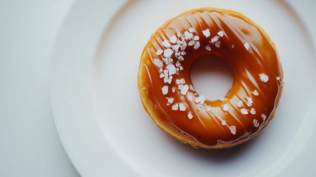 A tasty caramel glazed donut is presented on a white plate, adorned with a sprinkle of sea salt. Soft lighting enhances the delicious appearance, making it look irresistible.