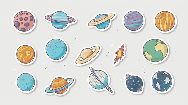 This collection showcases a variety of colorful illustrations of different planets, highlighting their unique features and designs. Each planet is depicted in a playful, artistic style, emphasizing vibrant colors and imaginative representation. The arrangement includes gas giants, rocky planets, and unique celestial objects, creating an engaging visual experience.