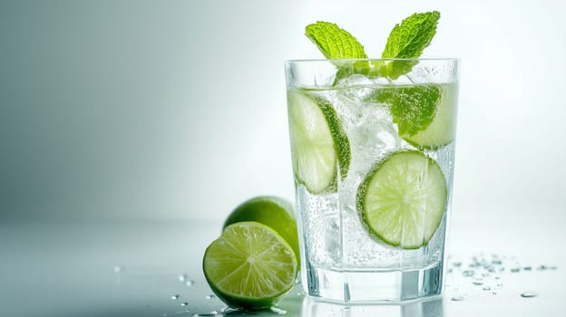 A refreshing drink made with lime slices and mint leaves is served in a clear glass. Whole limes rest beside the glass, highlighting the drink's vibrant ingredients in bright lighting.