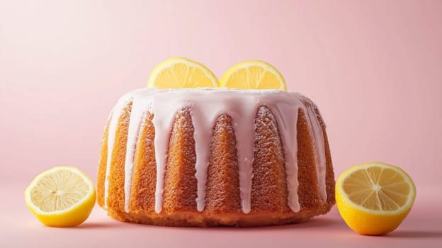 A beautifully baked lemon bundt cake is elegantly glazed and garnished with fresh lemon slices, set against a soft pink backdrop that enhances its vibrant colors.