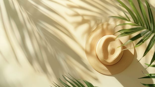 A straw hat hangs against a light cream wall, casting intricate shadows from nearby tropical leaves. The soft sunlight creates a warm atmosphere, enhancing the organic textures of both the hat and foliage. The arrangement evokes a relaxed, summery feel that invites tranquility.