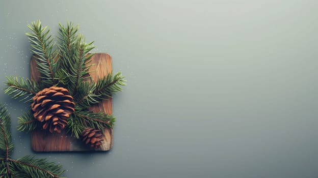 Freshly gathered pine cones and vibrant evergreen branches are thoughtfully arranged on a rustic wooden board, highlighting the beauty of nature. This calming display evokes a festive spirit, perfect for seasonal decorations or crafting ideas during the winter holidays.