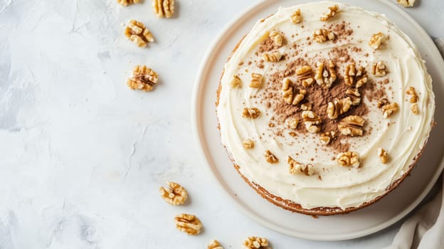 A freshly baked walnut cake sits on a neutral-colored plate, elegantly decorated with creamy frosting and scattered walnuts. The soft light enhances the cake’s inviting appearance.