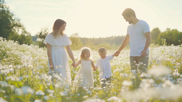 A family of four strolls hand-in-hand through a blooming field under a bright sun, capturing a moment of joy and togetherness.