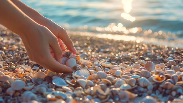 A person is carefully picking up seashells from a sandy beach while the sun sets on the horizon, casting a warm glow over the ocean. The shoreline is dotted with various shells, glittering in the sunlight, as gentle waves lap the shore.