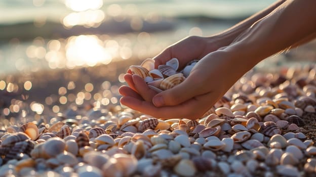A person holds a variety of seashells in their hands while standing on a sandy beach. The shoreline glistens with sunlight reflecting off the waves, creating a tranquil atmosphere. Seashells of different shapes and colors scatter across the sand, showcasing the beauty of nature.