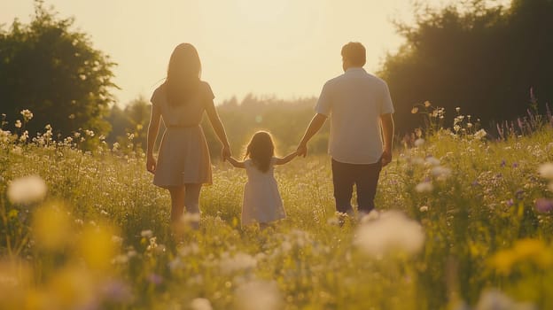 A family of three walks hand in hand through a sunny meadow filled with wildflowers during golden hour.