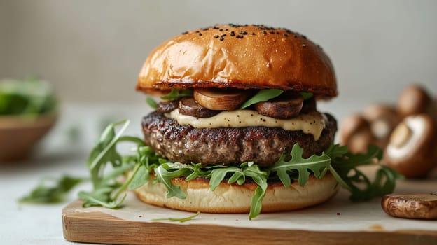 A grilled burger topped with sautéed mushrooms, arugula, and creamy sauce rests on a wooden board beside fresh greens.