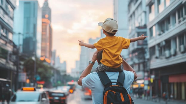 A child in a yellow shirt points at buildings while sitting on a father's shoulders as the sun sets in an urban environment.