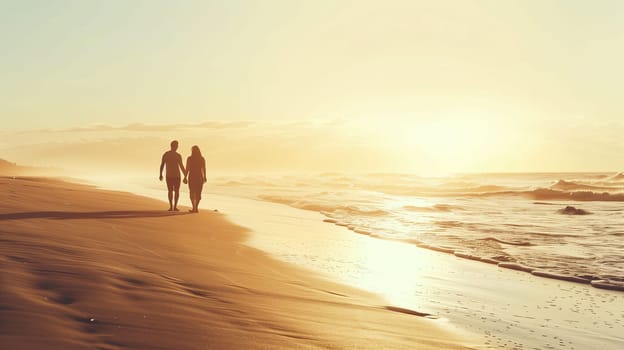 A couple walks hand in hand along the sandy beach as the sun sets on the horizon. The vibrant colors of the sky reflect on the gentle waves, creating a serene atmosphere.