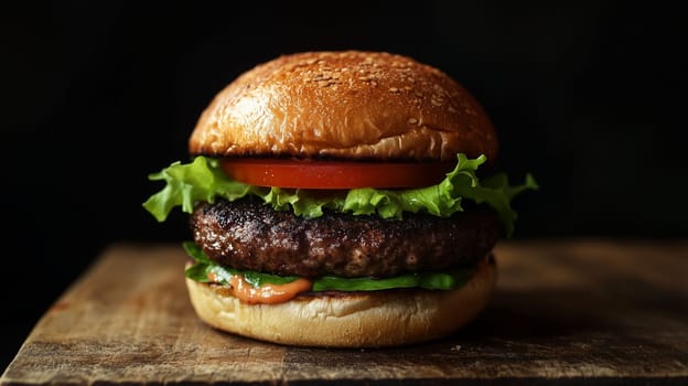 A freshly made hamburger with lettuce, tomato, and sauce sits on a rustic wooden surface, showcasing its delicious layers.