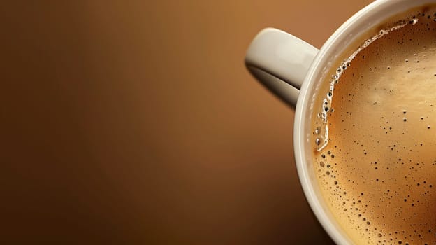 A warm cup of coffee sits atop a wooden table, showcasing rich, foamy cream on its surface. The setting exudes a cozy atmosphere, illuminated softly by natural light streaming in through a nearby window. The deep brown hues of both the coffee and the table create a warm and inviting feel.
