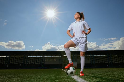 girl Football player in white shorts and red boots standing with soccer ball on green artificial turf field. women football concept