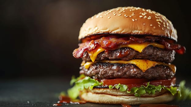 A hearty triple cheeseburger stacked with crispy bacon, melted cheese, fresh lettuce, and juicy tomatoes.