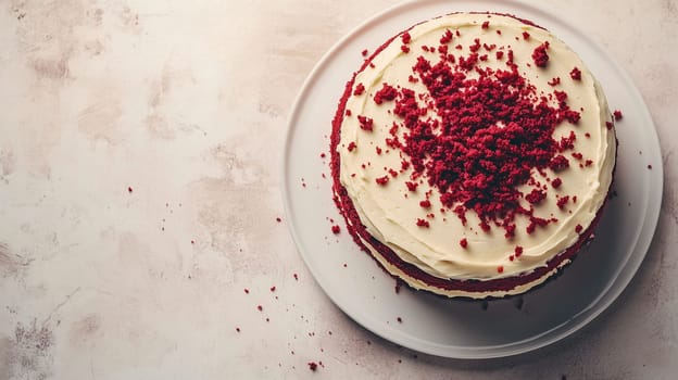 A beautifully crafted red velvet cake adorned with creamy white frosting and scattered red crumbs rests on a simple plate, perfect for any festive occasion or dessert table.