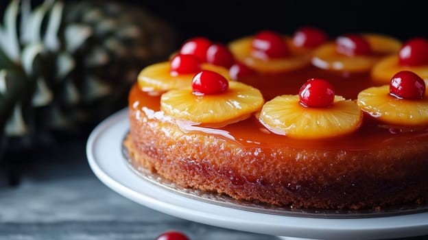 A beautifully arranged pineapple upside-down cake sits on a decorative plate, featuring glistening caramel, slices of pineapple, and bright red cherries. The kitchen backdrop adds warmth.