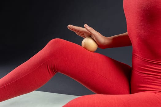 Myofascial Release of Leg Muscles with Wooden Yoga Massage Ball. Prevent Leg Fatigue, Self Massage Tool