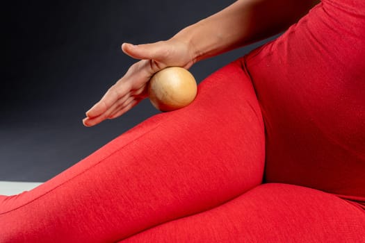 Myofascial Release of Leg Muscles with Wooden Yoga Massage Ball. Prevent Leg Fatigue, Self Massage Tool