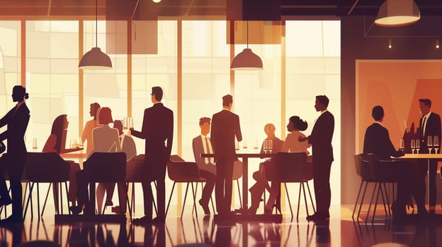 A diverse group of professionals gathers for networking at a modern business conference, engaging in conversations and sharing ideas over drinks in a well-lit venue during the evening.