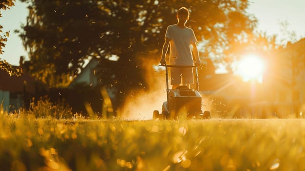 A man is pushing a lawn mower across a lush green lawn as the sun sets in the background, casting a warm golden glow. The scene captures the tranquility of a summer evening, with trees lining the yard and a peaceful atmosphere surrounding the activity.
