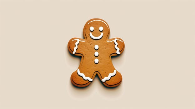 A cheerful gingerbread cookie, shaped like a person, rests against a light-colored background. It features icing details like buttons, a smiley face, and decorative outlines, showcasing classic designs.