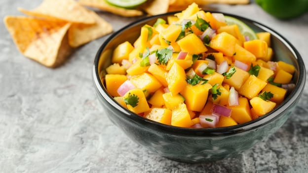 A vibrant bowl of fresh mango salsa showcases diced mango, red onions, and chopped cilantro, perfect for enjoying with tortilla chips. The colorful mixture is ideal for a casual gathering, adding a tropical flair to the snack table, complemented by hints of lime in the background.