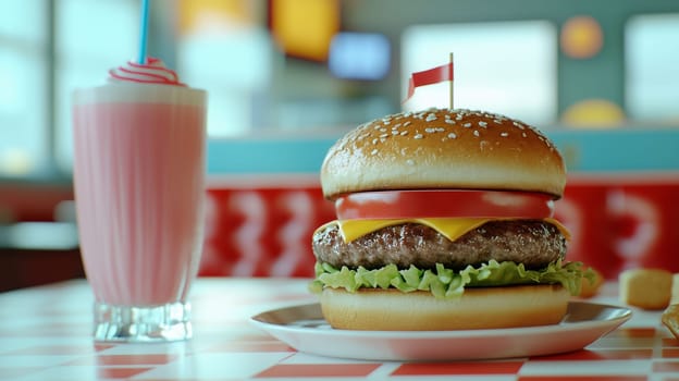 A cheeseburger topped with cheese, lettuce, and tomato sits on a plate next to a pink milkshake in a diner setting.