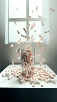 Hundreds of white and red pills are spilling out of a clear container and overflowing onto a white table in a well lit room