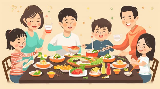A joyful Japanese family gathers around a table filled with various dishes, sharing laughter and tasty food during a special occasion, creating lasting memories and enjoying each other's company.