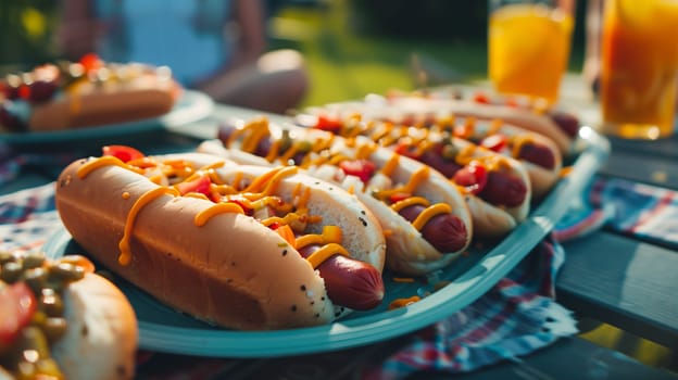 A group of friends gathers in a sunny backyard, enjoying delicious grilled hot dogs topped with mustard and ketchup. Refreshing drinks sit nearby, enhancing the festive atmosphere.