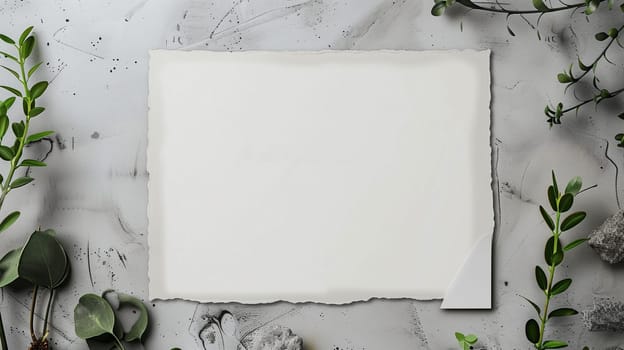 A sheet of blank craft paper lies on a gray textured surface, framed by various types of greenery such as leaves and small plants, creating a natural and earthy aesthetic. The arrangement highlights the contrast between the paper and the organic elements surrounding it, suggesting opportunities for creativity and design.