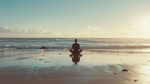 A person sits cross-legged on the wet sand of the beach, meditating as the sun sets on the horizon. Waves softly crash nearby, creating a serene atmosphere, while the sky is painted with warm hues of orange and pink.