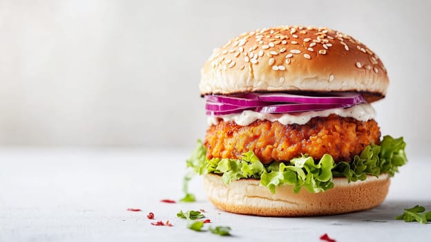 A delicious burger featuring a crispy fried chicken patty topped with fresh lettuce, red onion, and creamy sauce on a sesame seed bun.