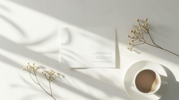 A tranquil morning setting features a cup of coffee beside delicate flowers arranged elegantly on a white surface. Soft natural light casts gentle shadows, creating a peaceful atmosphere perfect for relaxation or reflection.
