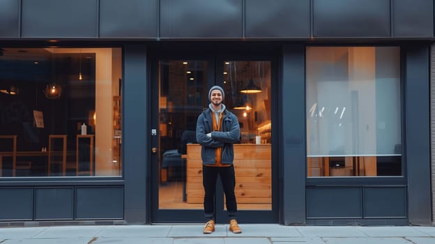 A small business owner stands confidently in front of their newly opened shop during the evening. The warm lighting inside contrasts with the external dusk ambiance, creating an inviting atmosphere for potential customers.