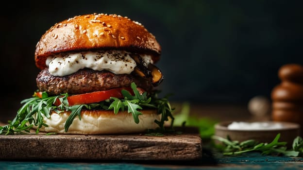 A delicious burger stacked with beef patty, tomatoes, arugula, and creamy sauce, resting on a wooden board with spices nearby.