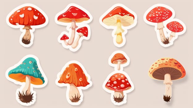 A vibrant arrangement of artistic mushroom illustrations features diverse shapes and colors, showcasing their unique characteristics. Each mushroom design exhibits intricate details, highlighting the beauty of these natural elements in a playful sticker format.