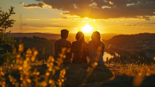 Three friends sit closely on a rocky outcrop, gazing at a beautiful sunset that illuminates the sky with warm hues. Surrounded by nature, the tranquil atmosphere invites them to take a moment to appreciate the stunning landscape of hills and a river below.