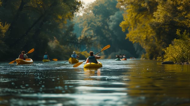 A group of kayakers navigate a serene river, surrounded by vibrant greenery and warm sunlight. The kayakers, equipped with paddles, create gentle ripples on the water's surface as they glide through the tranquil setting. The golden hues of late afternoon enhance the beauty of the landscape, making it a picturesque outdoor adventure.