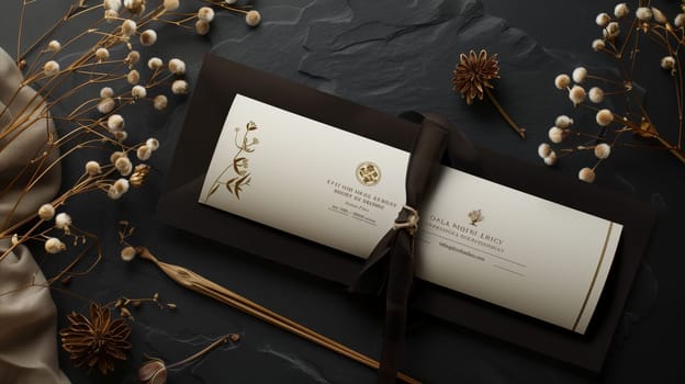 An exquisite invitation featuring a delicate floral design rests on a textured dark surface, surrounded by dried flowers and natural adornments. The elegant wrapping is complemented by a soft ribbon, creating an inviting and sophisticated presentation suitable for a special occasion.