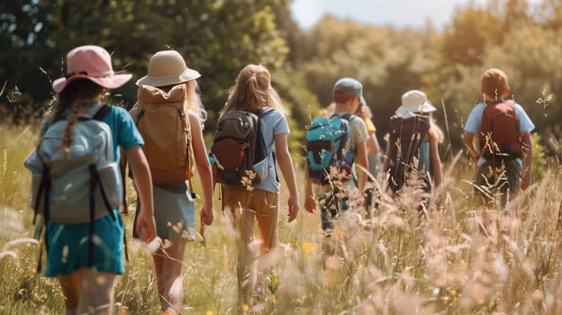 A group of children, dressed in casual outdoor clothing, are trekking through a vibrant green field. They carry backpacks and wear hats to shield themselves from the sun. The atmosphere is cheerful as they explore nature together under a clear blue sky.